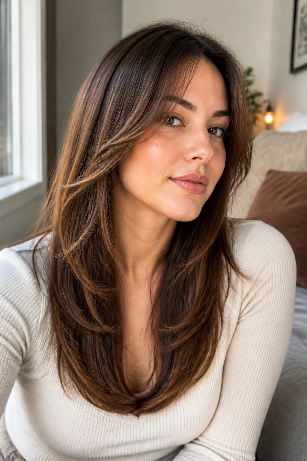 Close-up portrait of a real woman with long layers and tapered face-framing pieces.