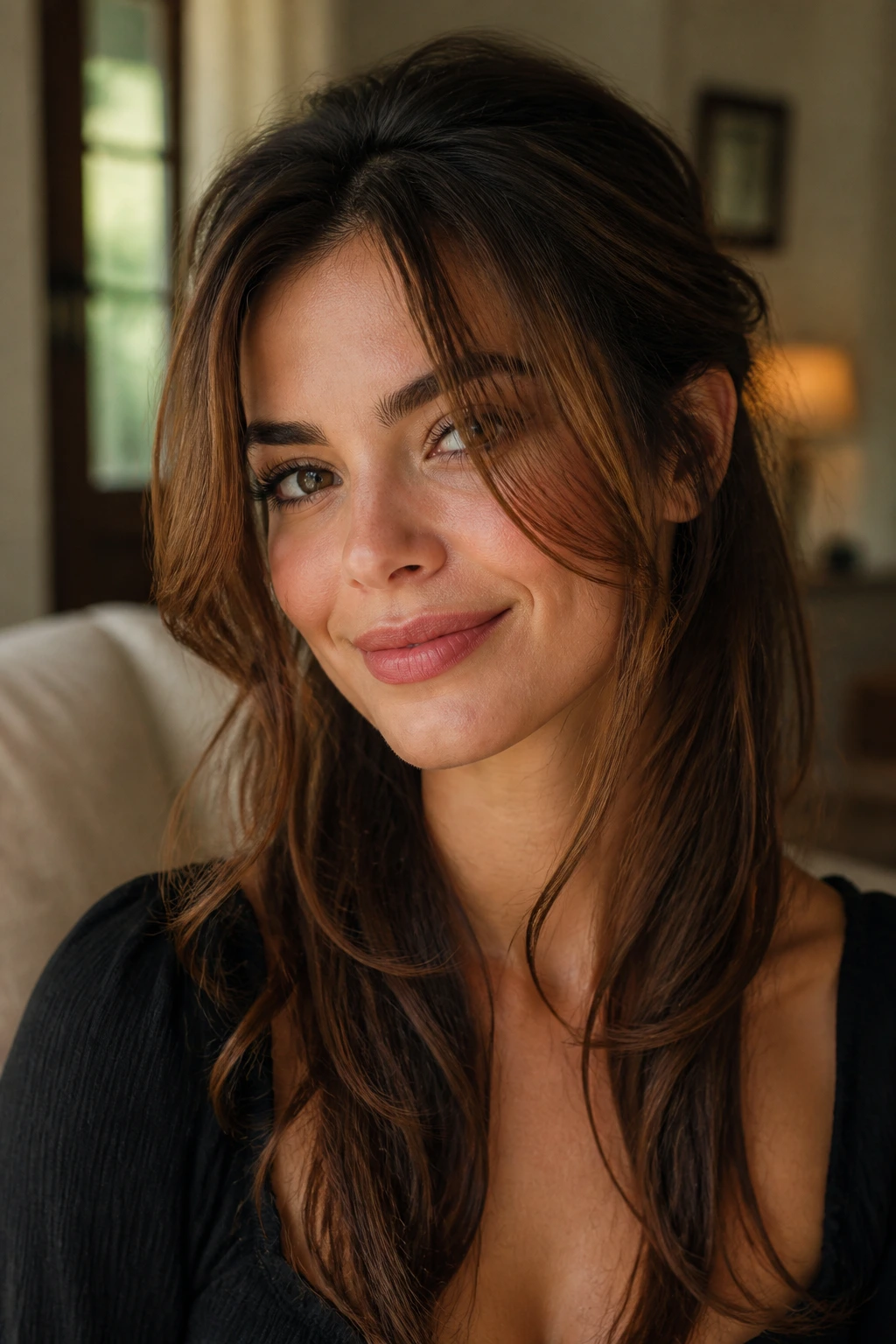 Close-up portrait of someone with long layers and face-framing tendrils