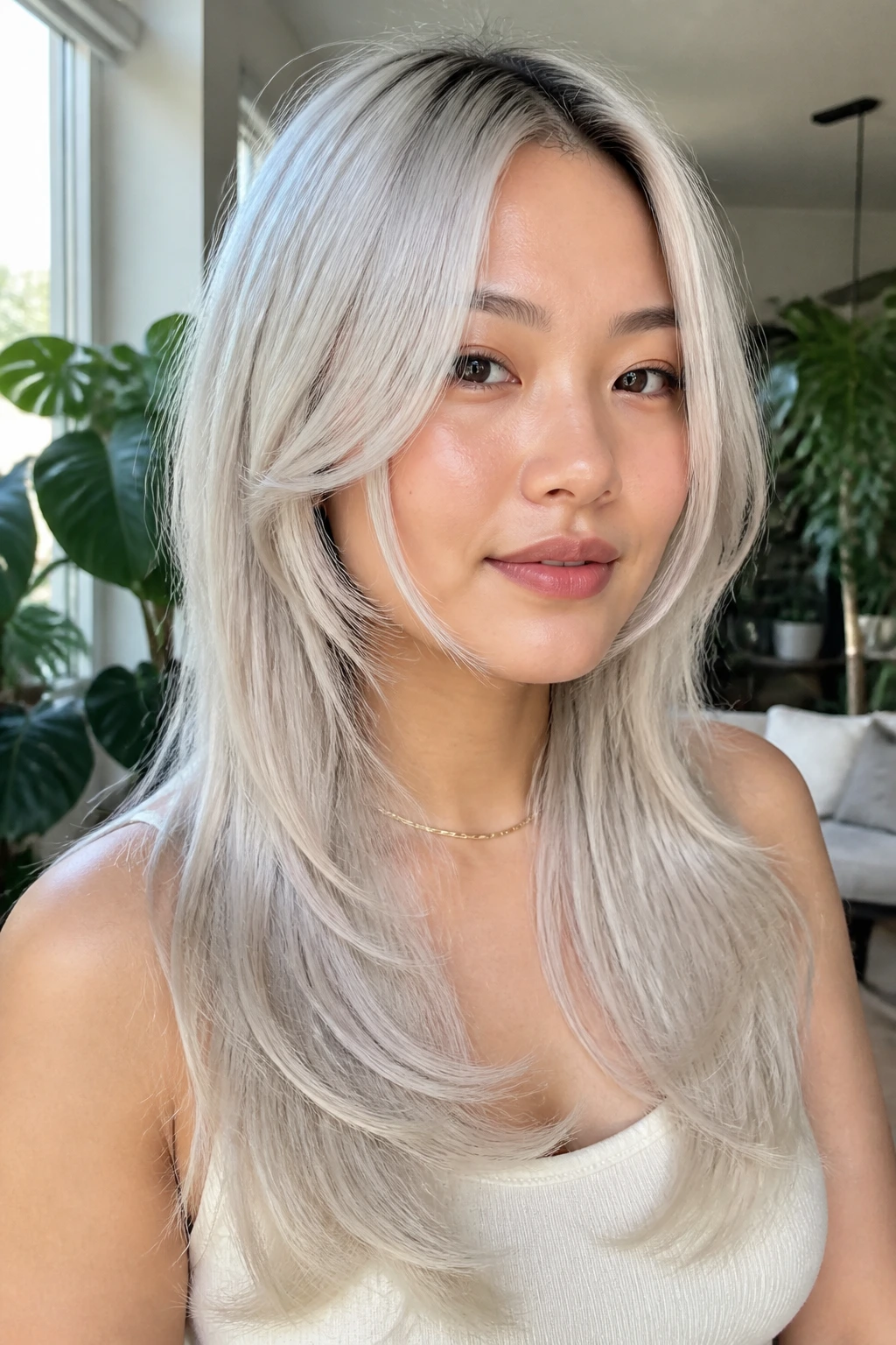 Portrait of Asian woman with long layers and facial-framing tendrils in white hair