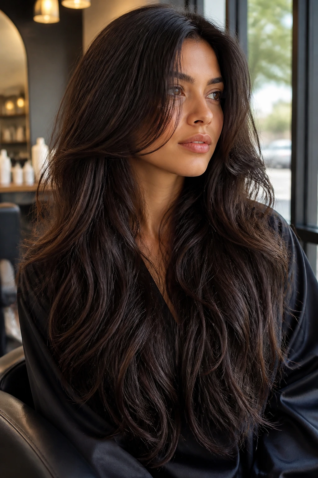Close-up of a real person with long face-framing layers on thick textured hair in a sunlit salon