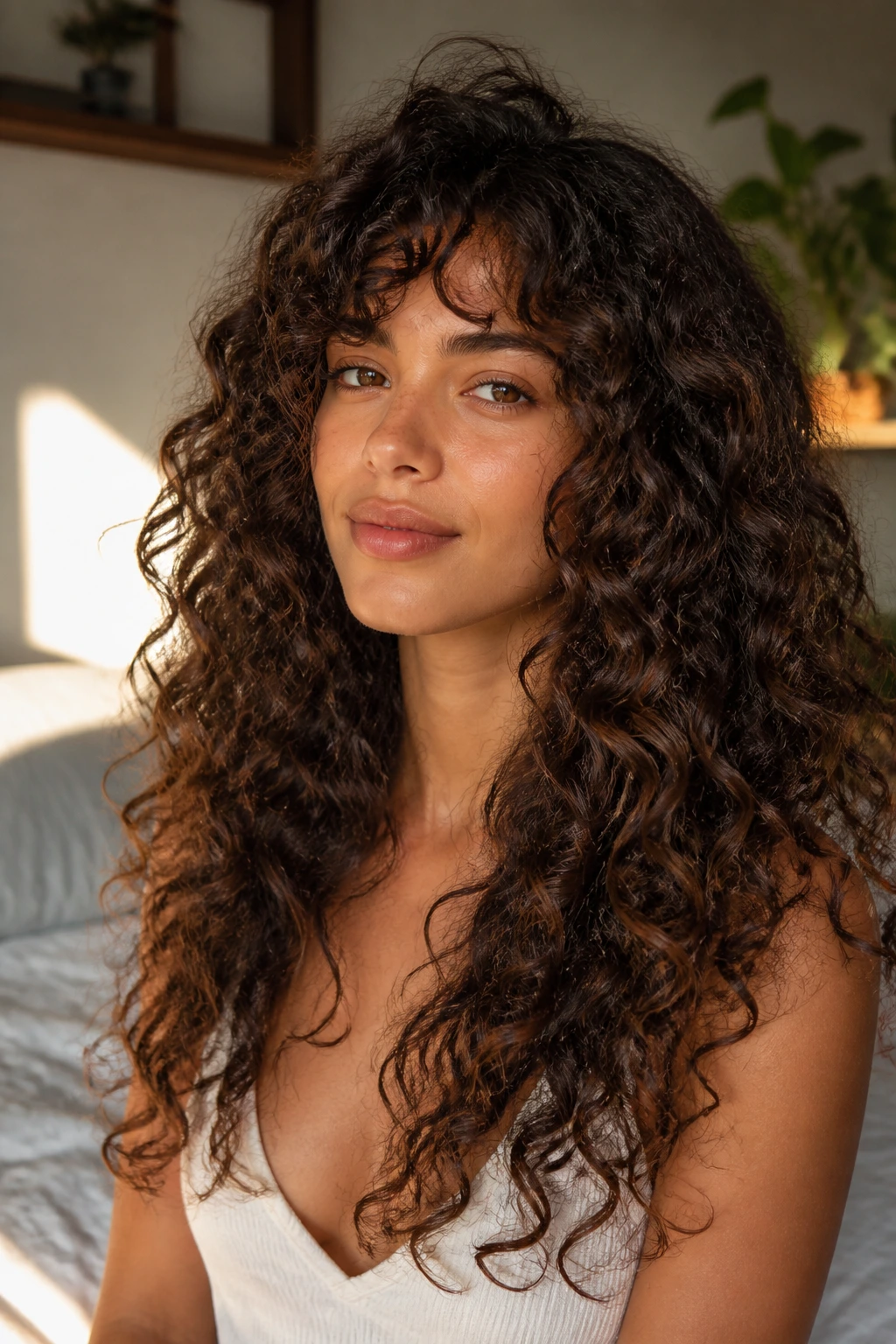 Close-up of a real woman with long layers showing internal thinning in a sunlit bedroom