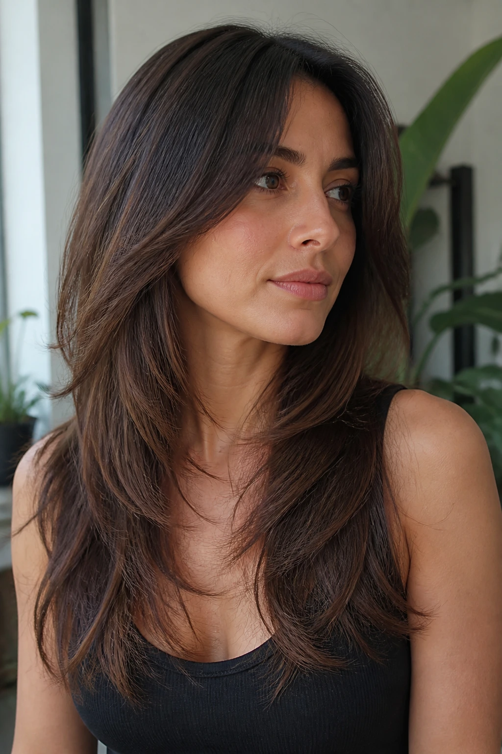Portrait of a person with long hair showing layered front and internal thinning