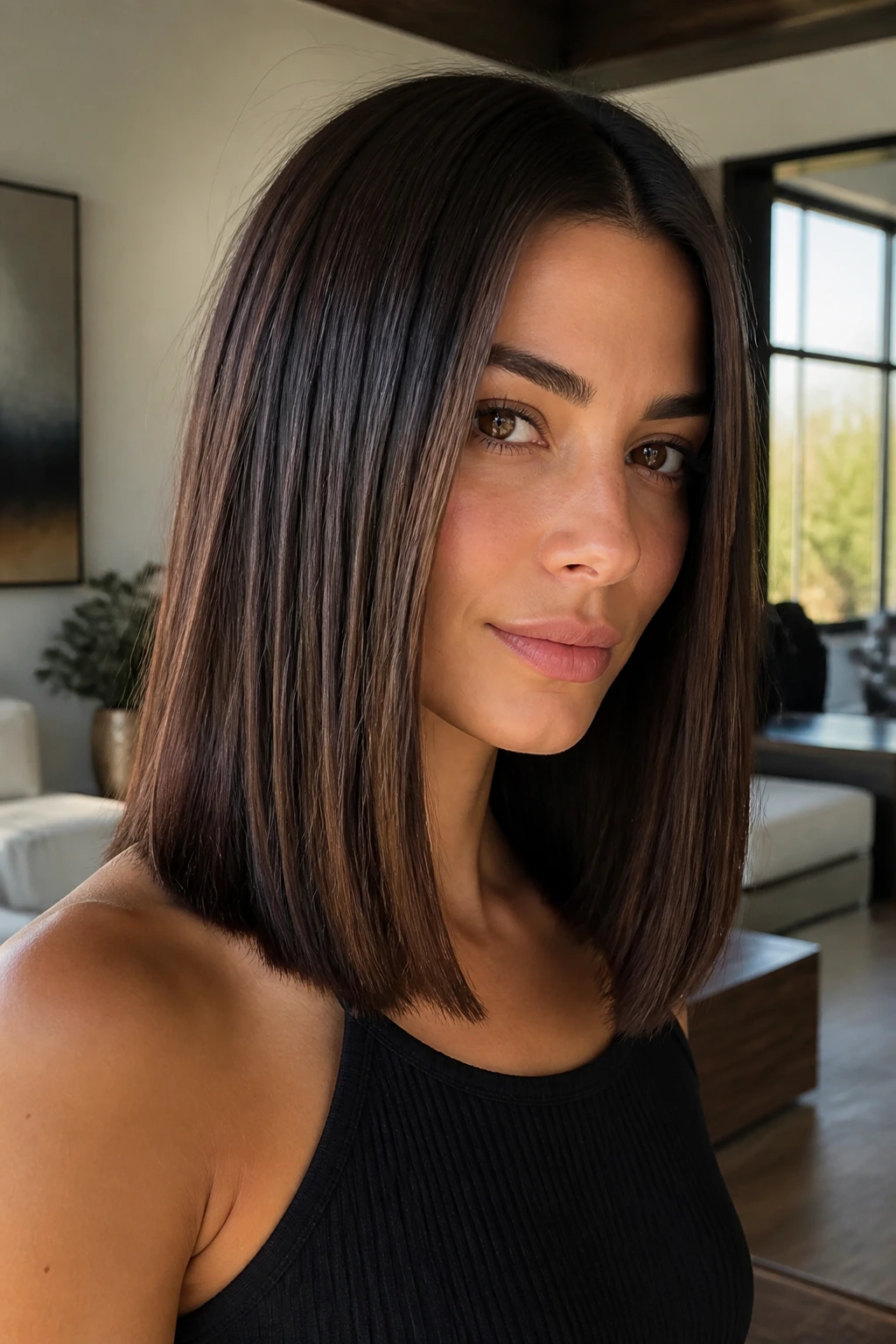Close-up of real woman with a long lob at collarbone in dark brunette with blunt ends.