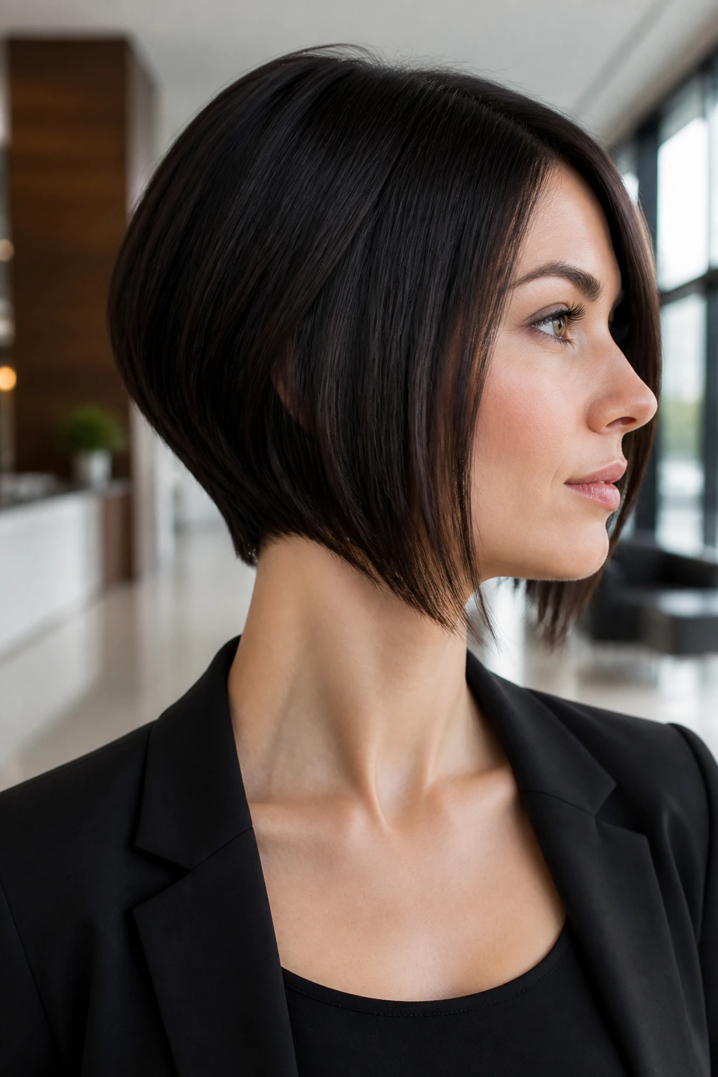 Woman with long-nape angled bob highlighting neck and elongation