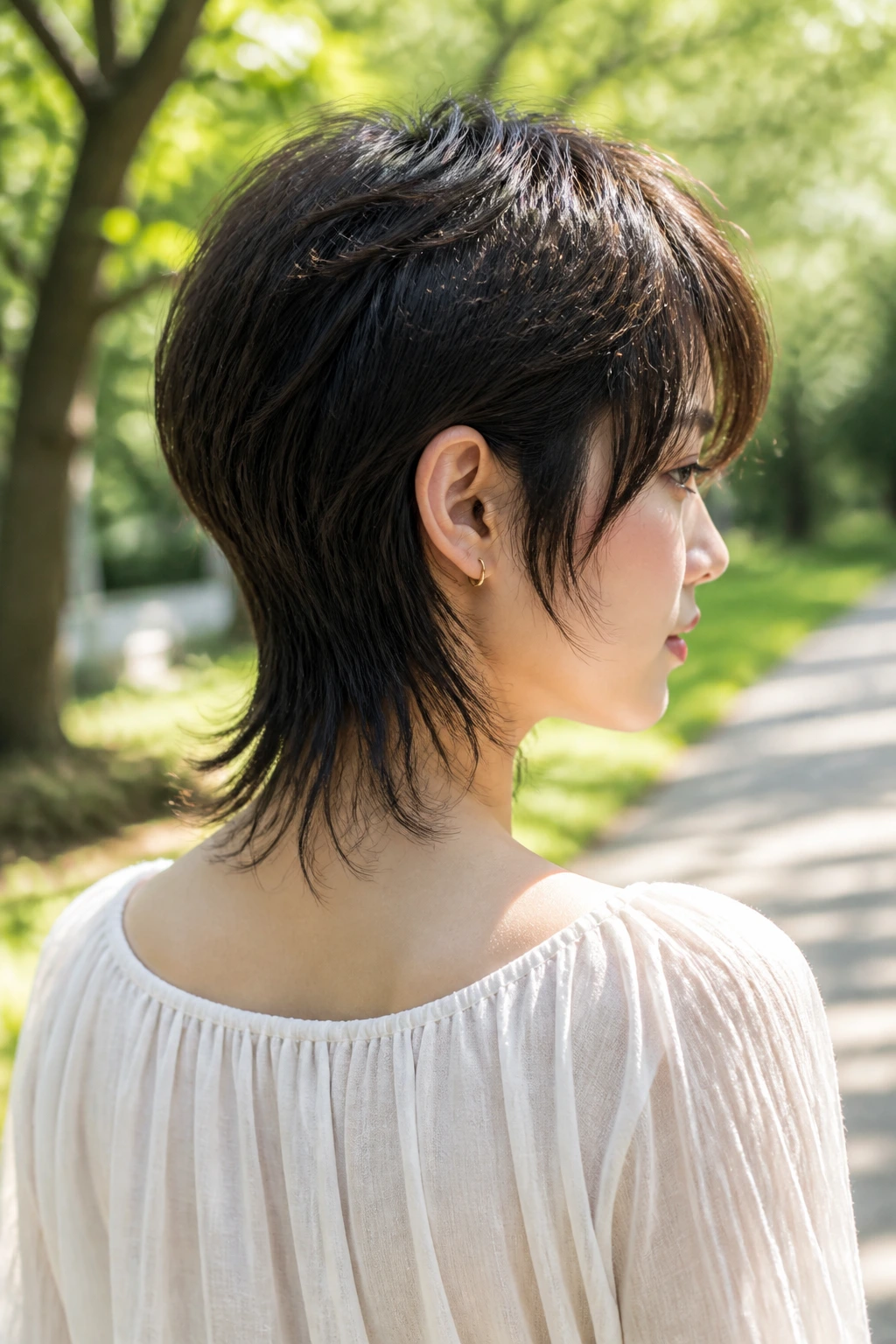 Rear-side portrait showing long-nape fairy cut on a real woman.