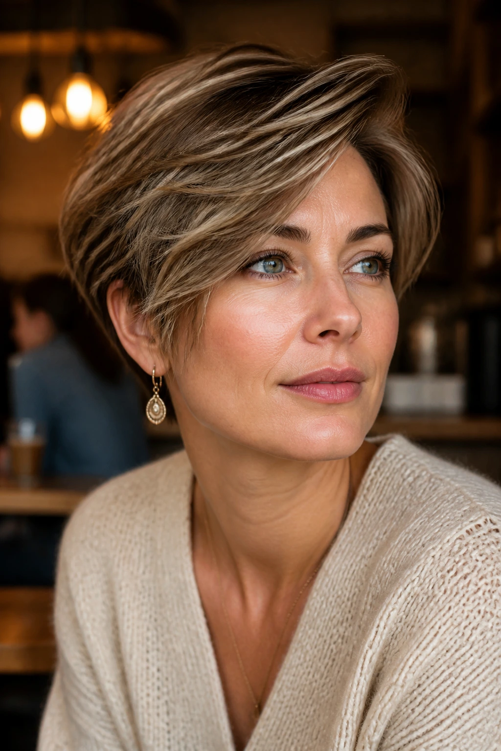 Close-up portrait of a real woman with a long-on-top pixie bob in warm cafe light.