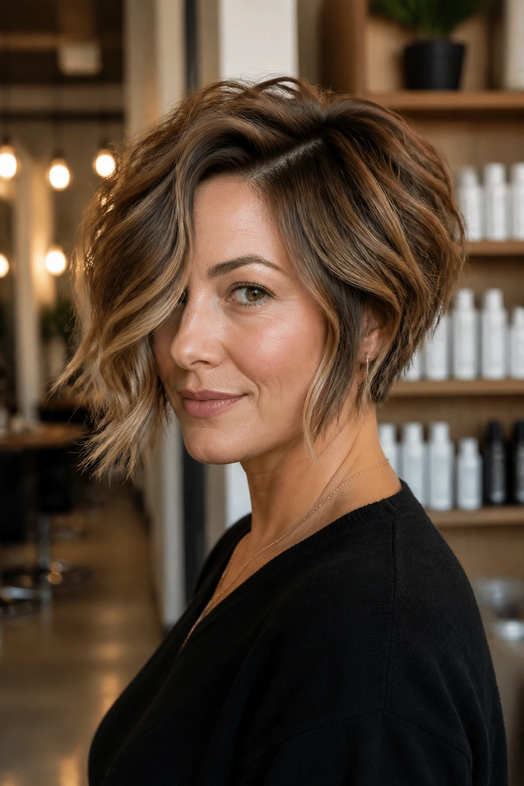 Close-up of a real woman with long-on-top wavy bob in a modern salon setting