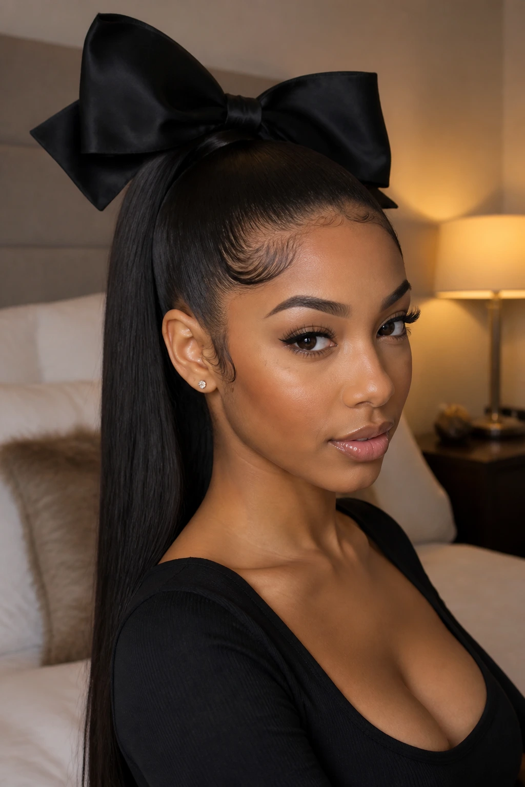 Woman with a sleek long ponytail and a large bow.