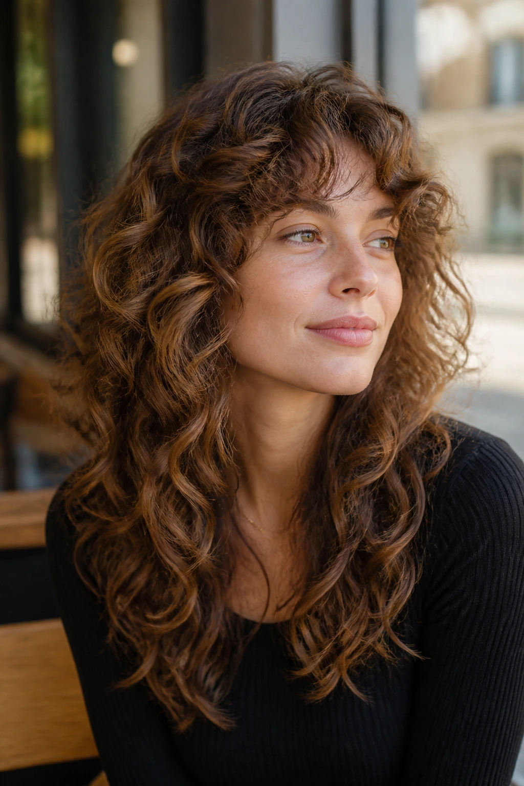 Portrait of a real woman with long layered curls forming a modern shag