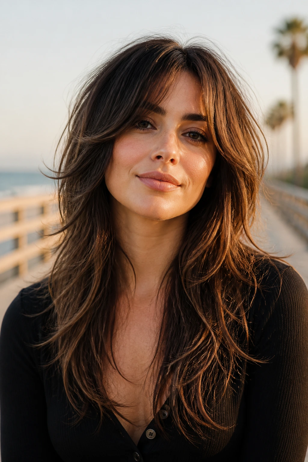 Close-up portrait of a real woman with long shag and razored layers on a sunny boardwalk.