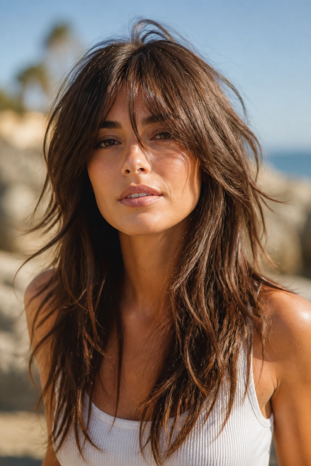 Real woman with a long shag hairstyle featuring textured ends