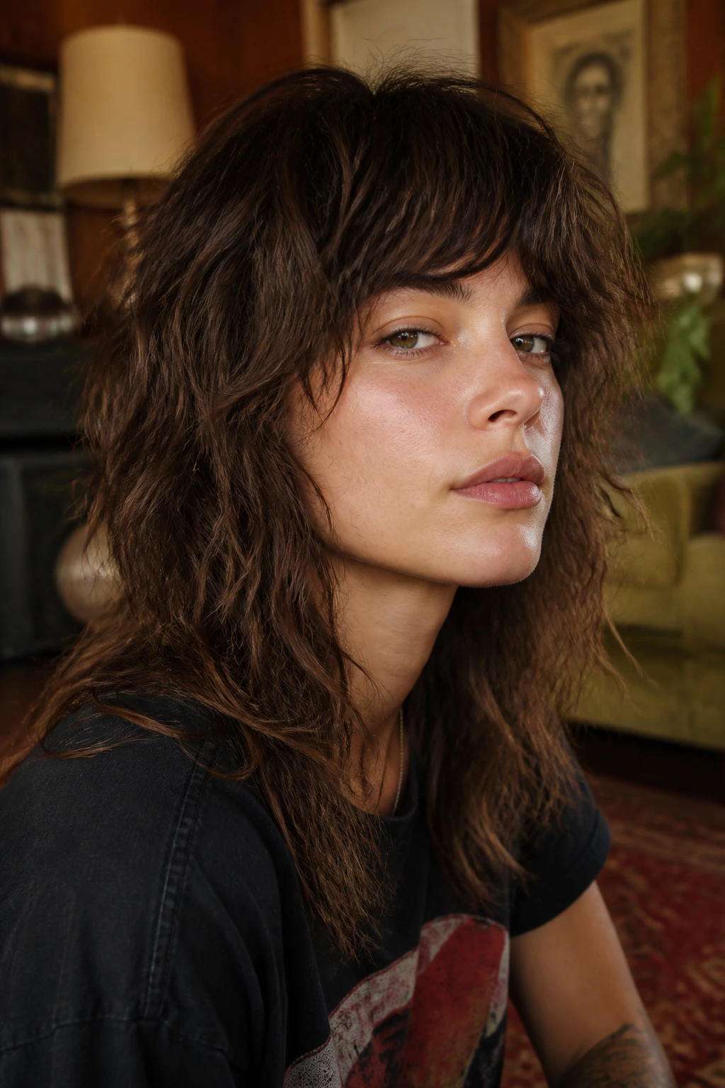 Close-up portrait of a real person with a long shaggy fringe in a retro living room.