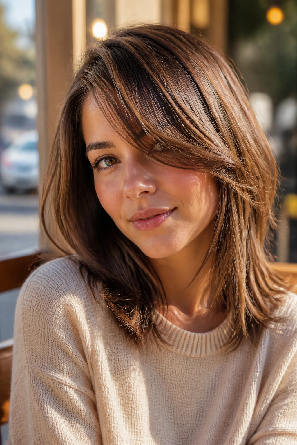 Long side-swept framing bangs on a real woman, close-up portrait by a cafe window