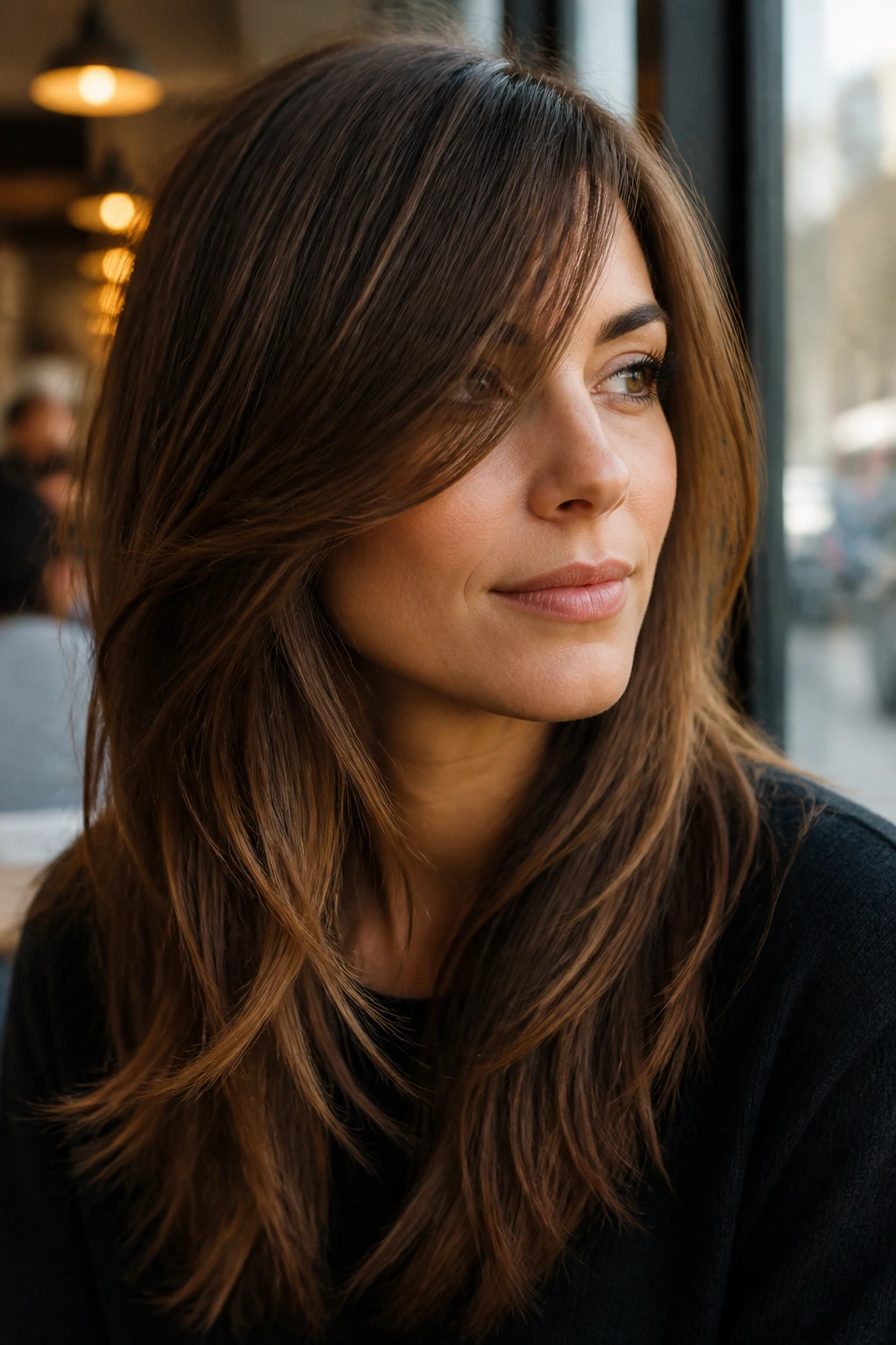 Real woman with long side-swept layered fringe in cafe window light.