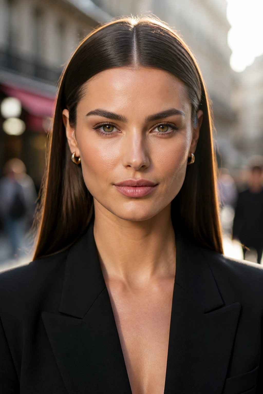 Portrait of a woman with long center-parted sleek hair tucked behind ears against a sunny city backdrop