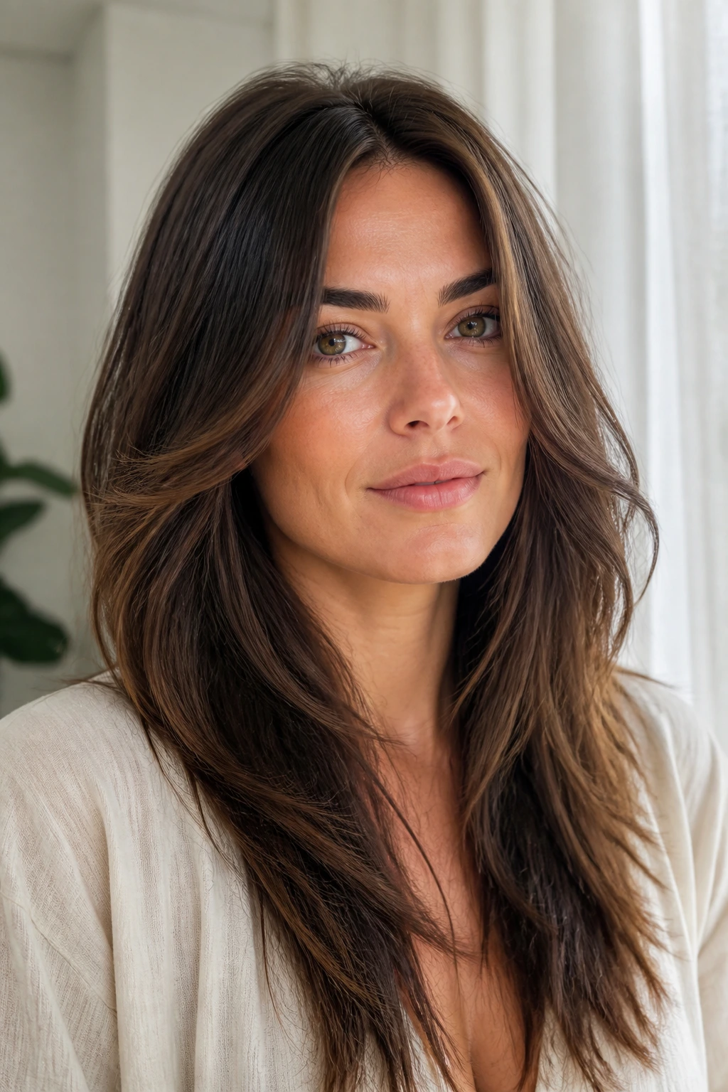 Portrait of a woman with long tapered layers framing the face