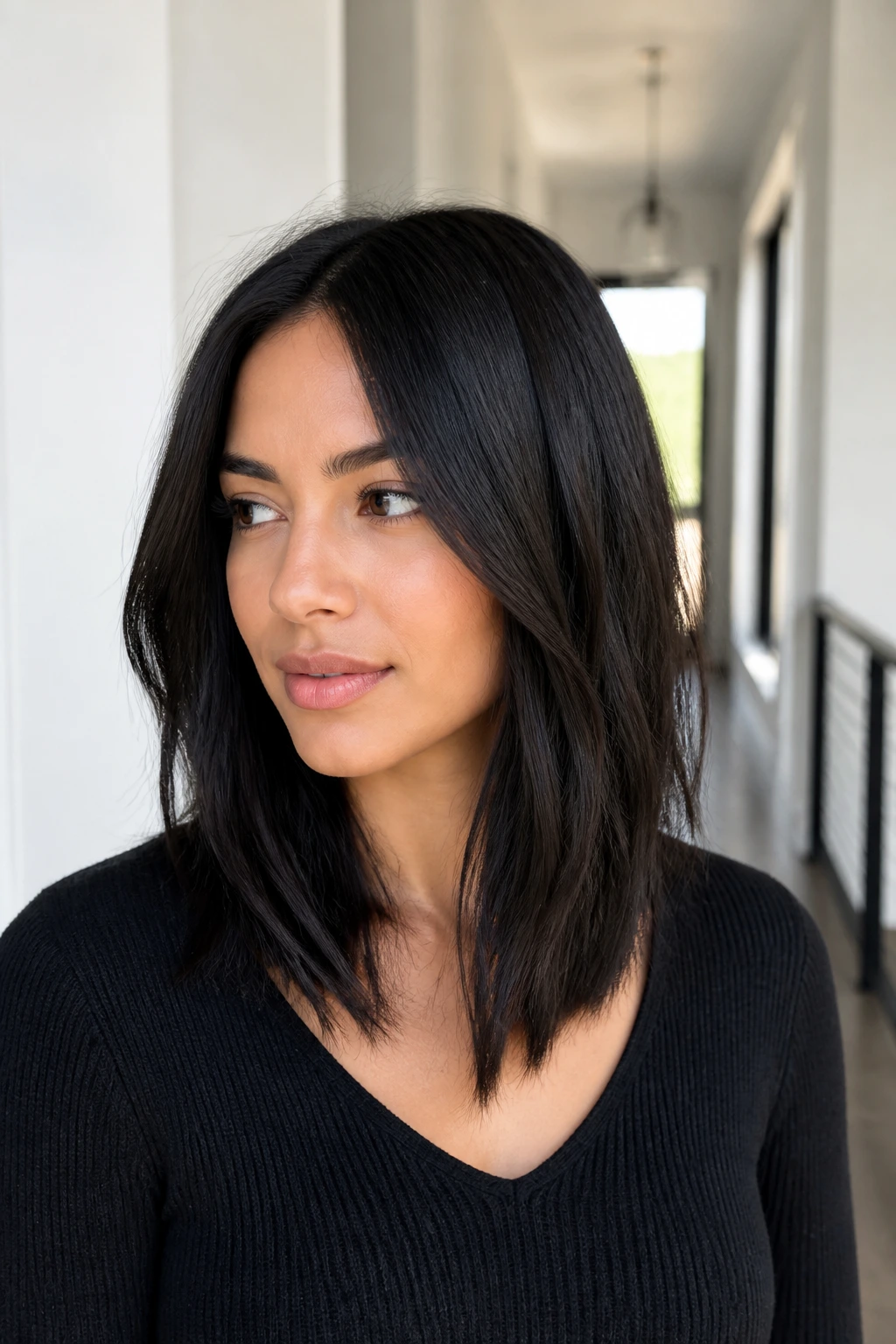 Real woman with long textured lob cut photographed in bright natural light