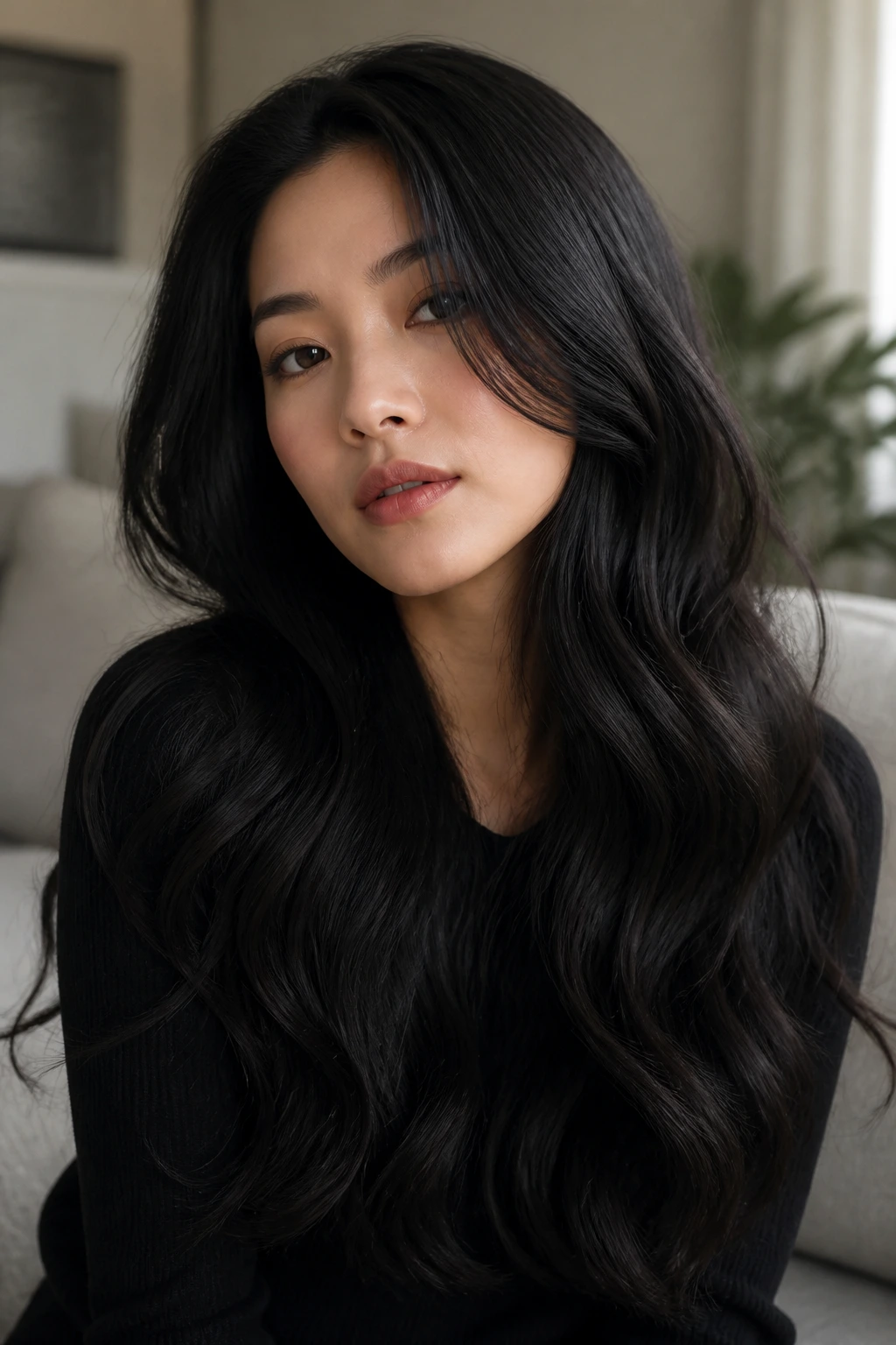 Portrait of a person with long textured waves on jet-black hair