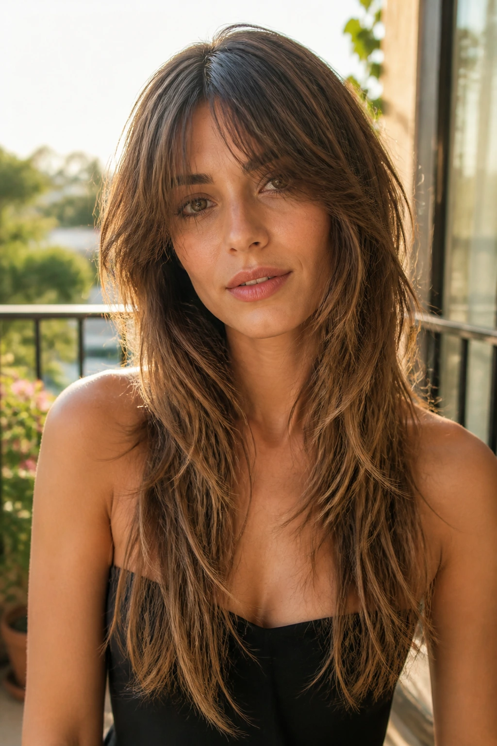 Close-up of a real woman with long textured hair and wispy ends.