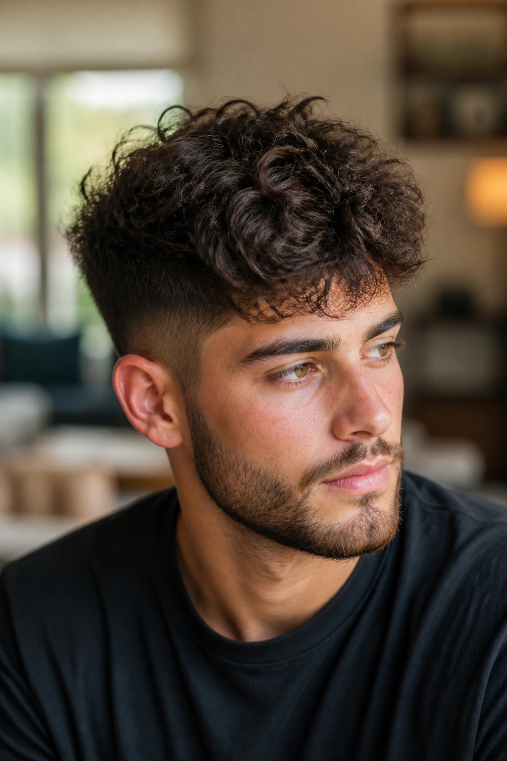 Close-up of a man with a long top and short sides, natural texture.