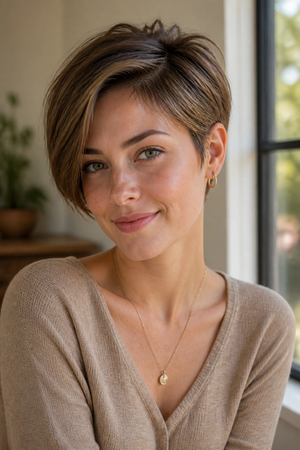 Close-up of a real person with long-top pixie layers indoors