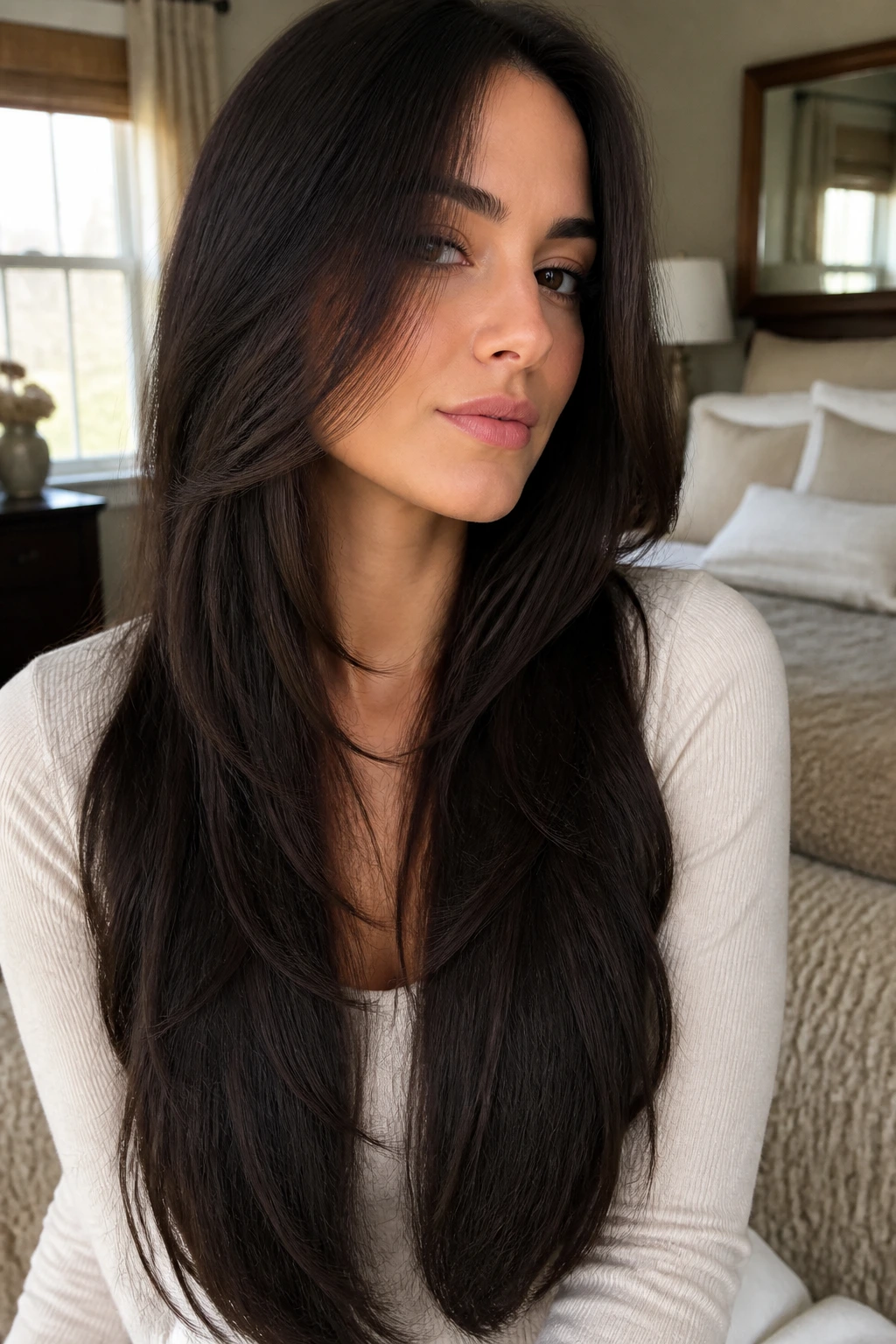 Close-up of a real woman with long V-cut and face-framing layers in warm bedroom light