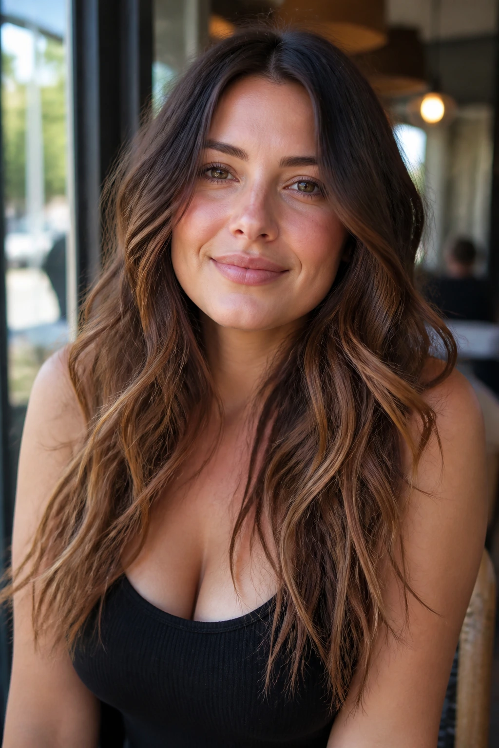 Close-up portrait of a real woman with long textured waves and deconstructed ends