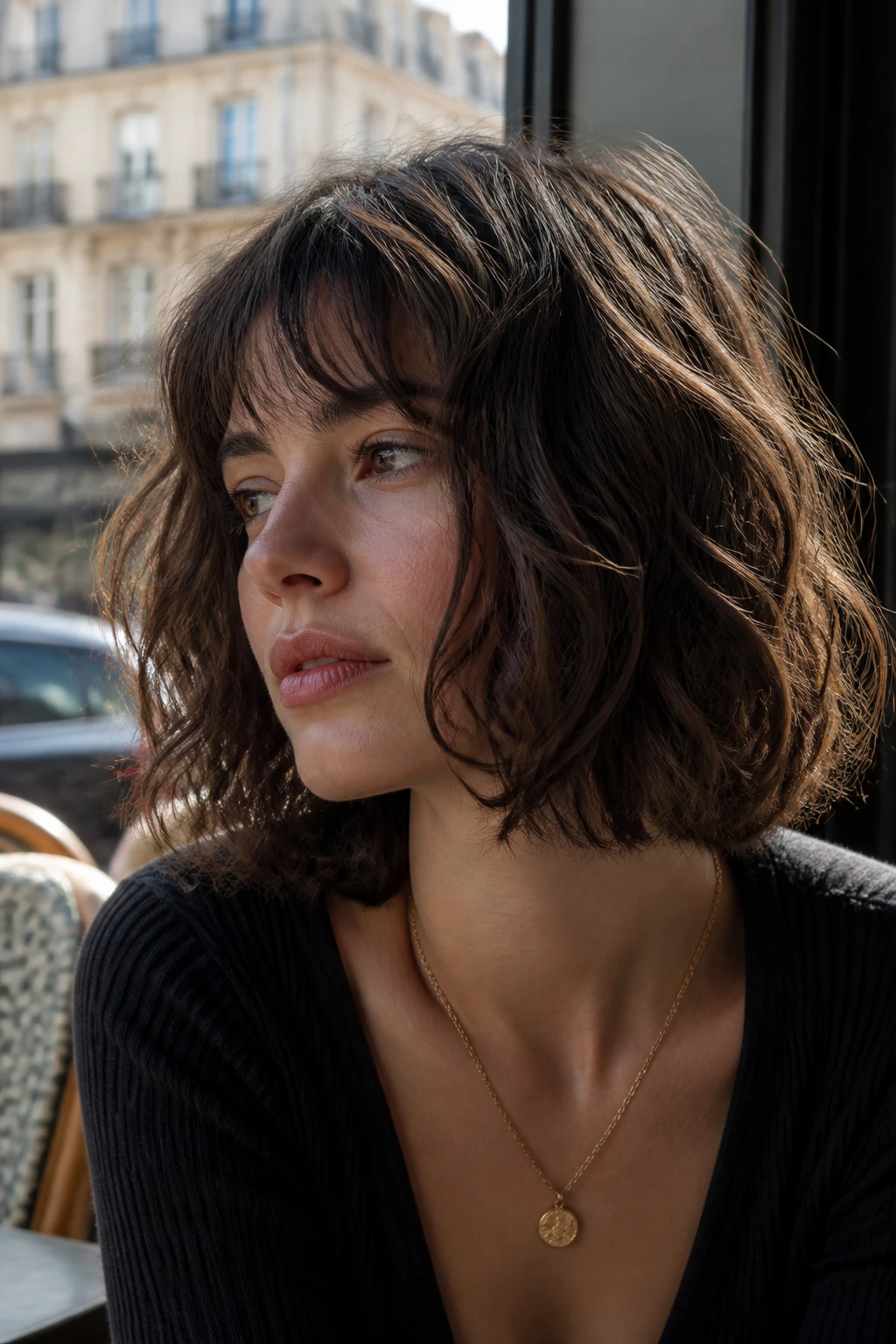 Portrait of a real woman with a long wavy French-girl bob