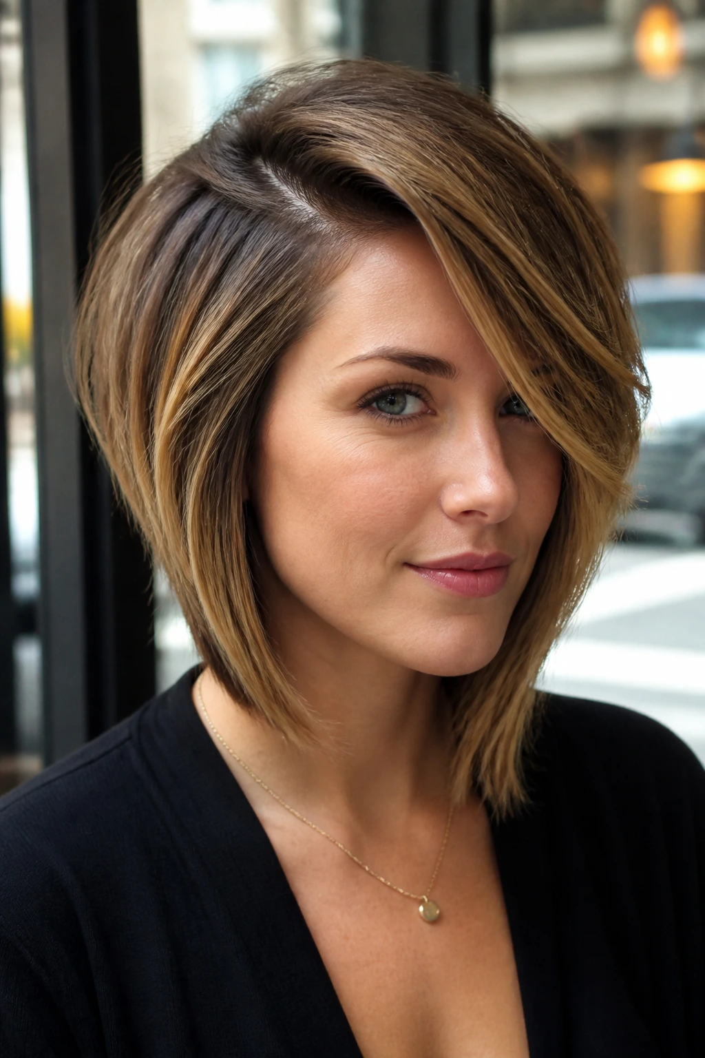 Portrait of a real person with deep side part long wedge hairstyle