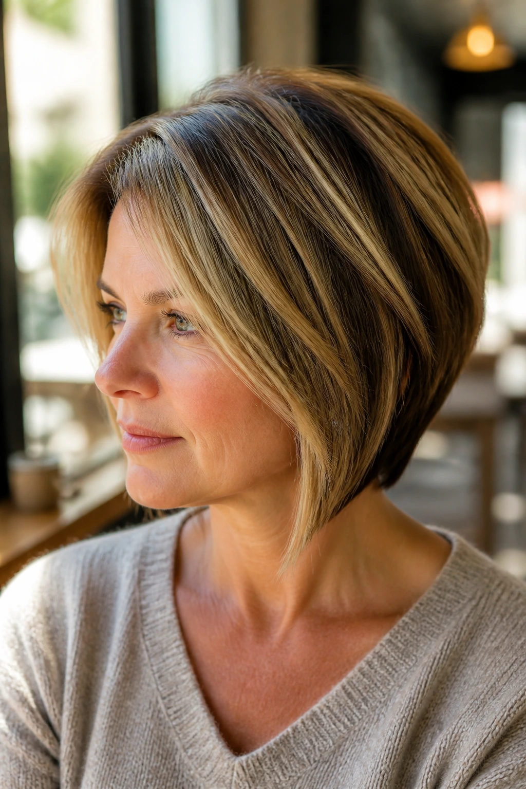 Close-up of woman with long wedge and crown highlights