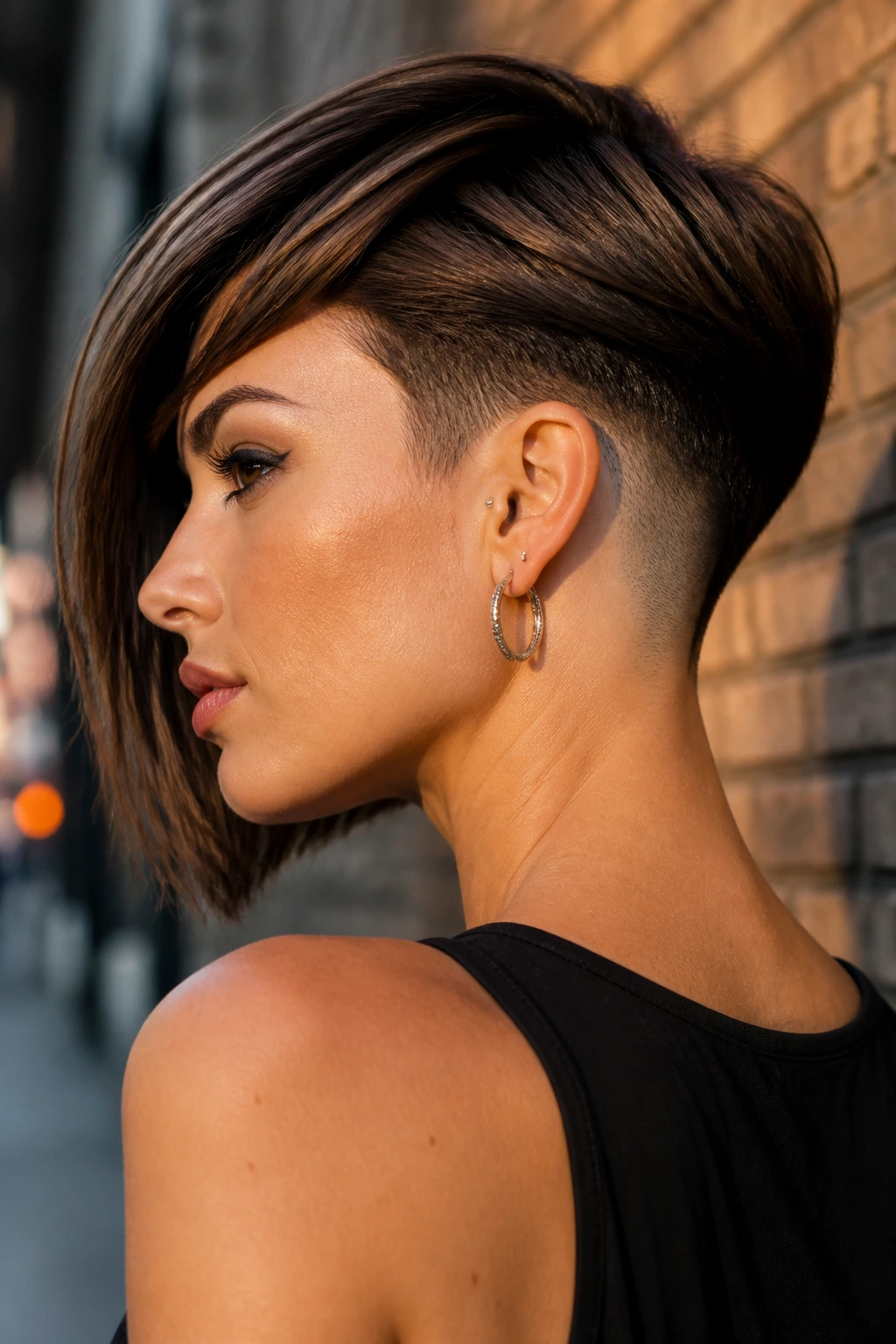Profile view of a real woman with a Long Wedge and undercut.