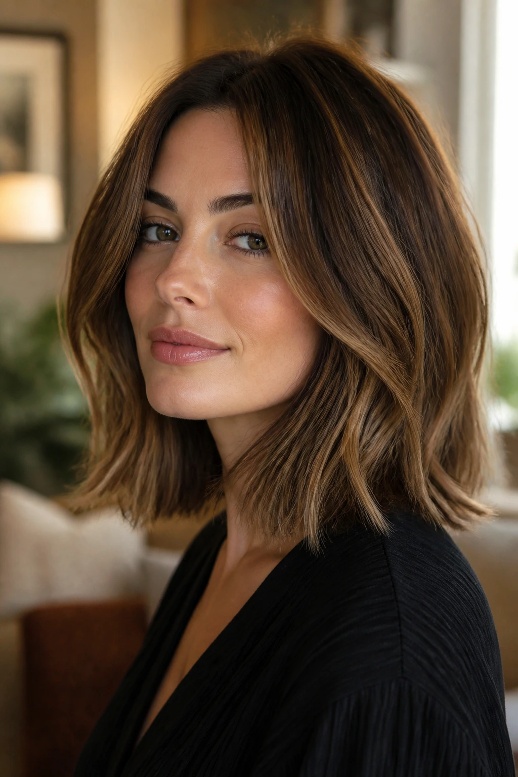 Close-up portrait of a real person with a thick longer bob (lob) in warm window light