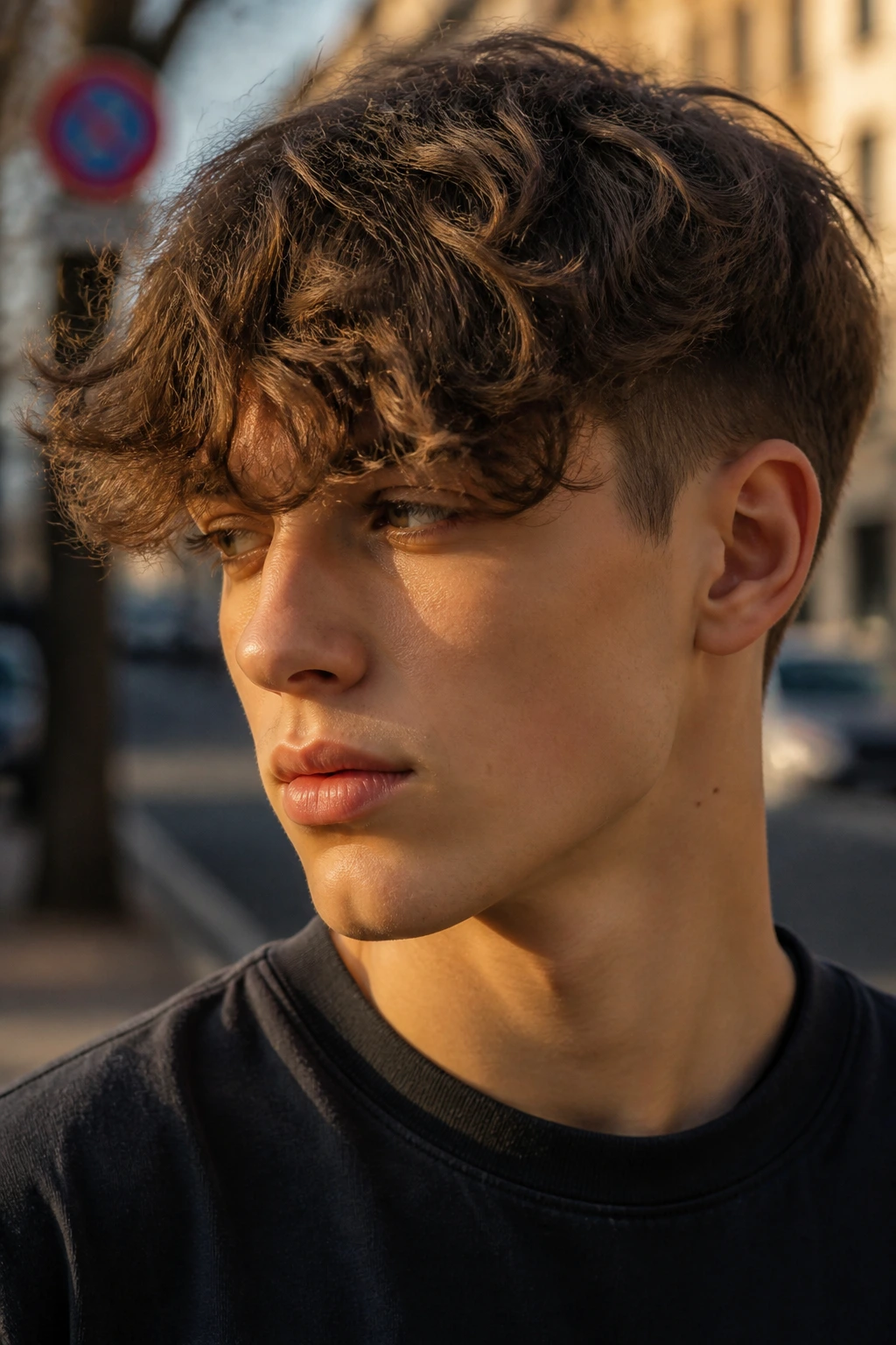 Teen with longer wavy fringe outdoors in golden hour light