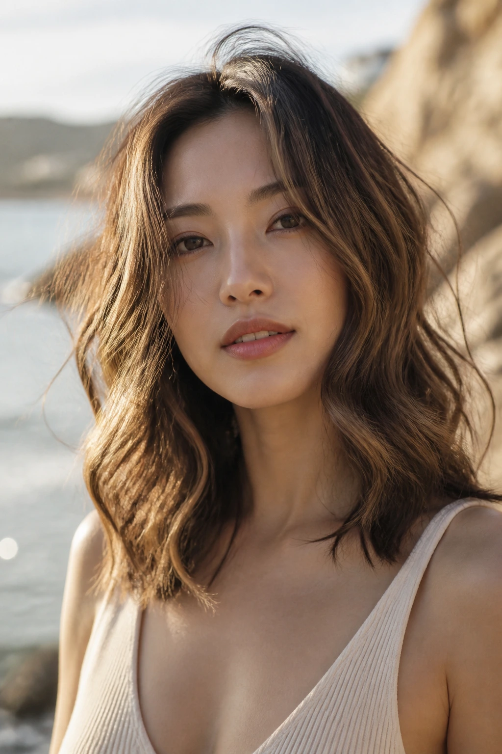 Portrait of a real person with loose beachy waves at shoulder length