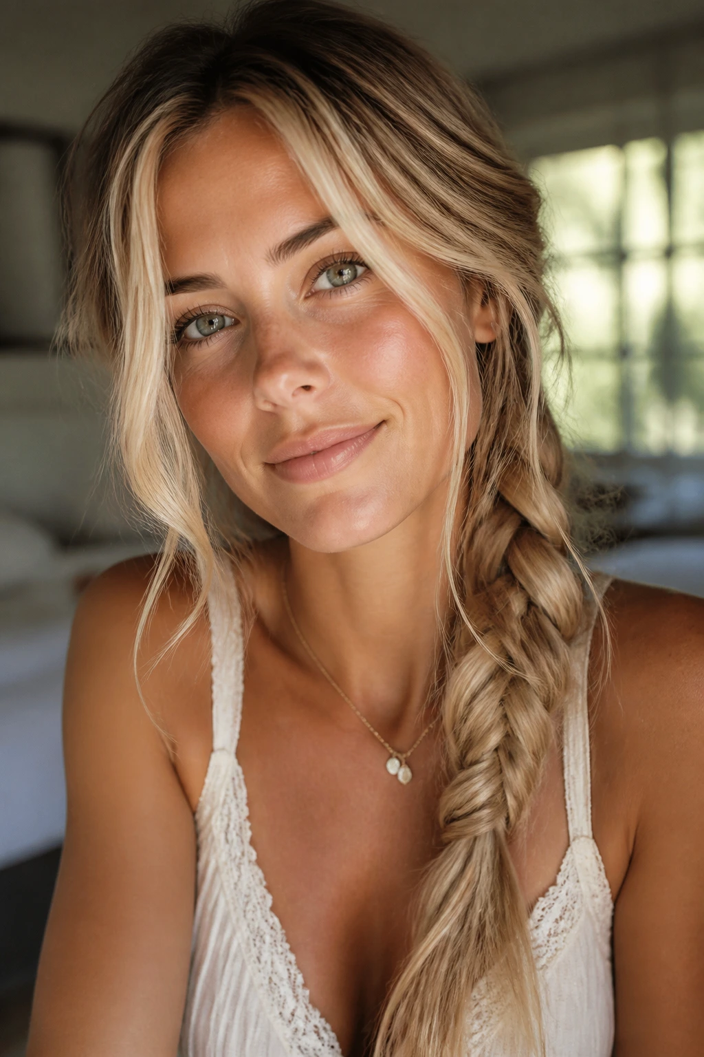 Blonde woman with loose bohemian side braid and soft lighting