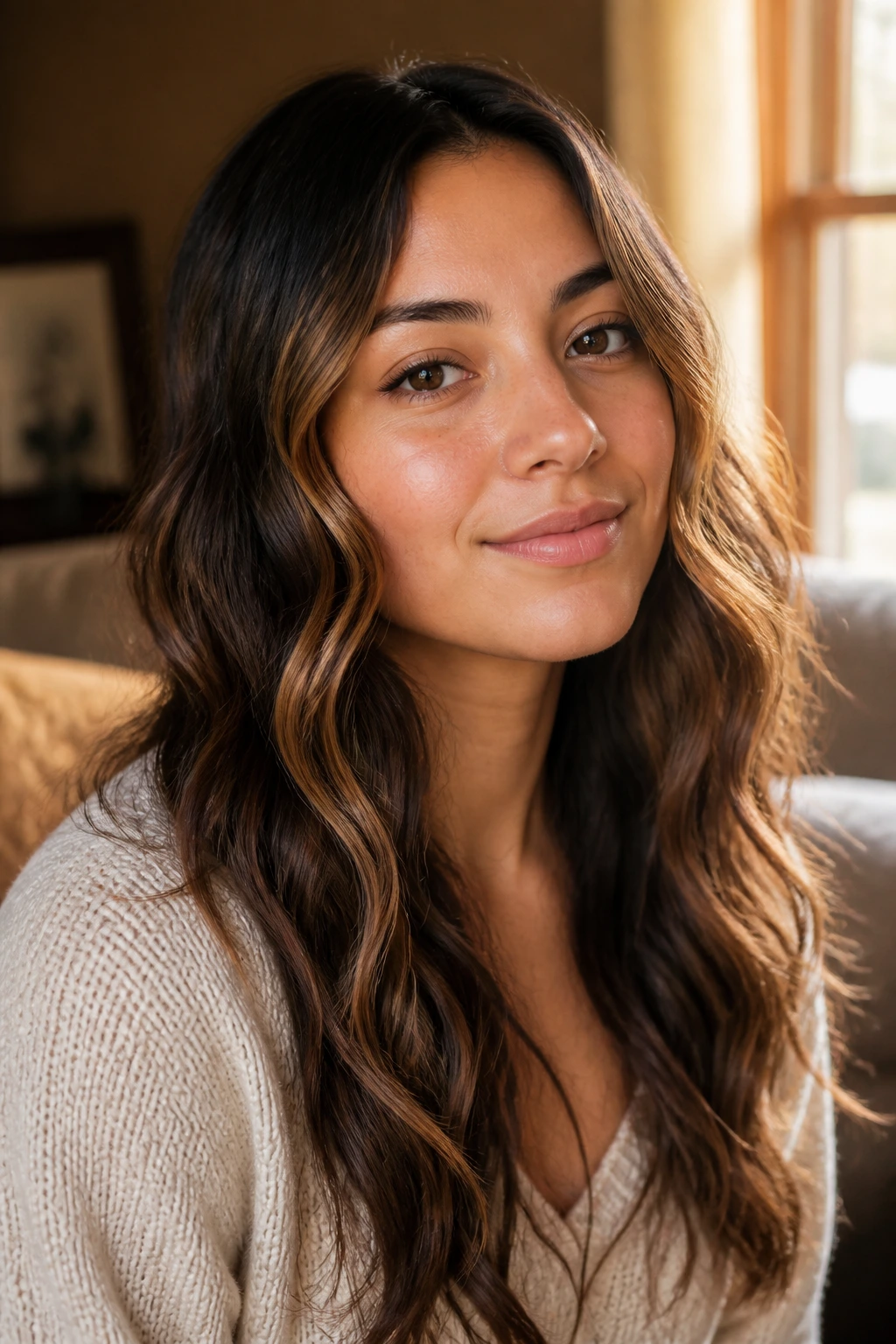 Close-up of a woman with loose boho waves in warm window light