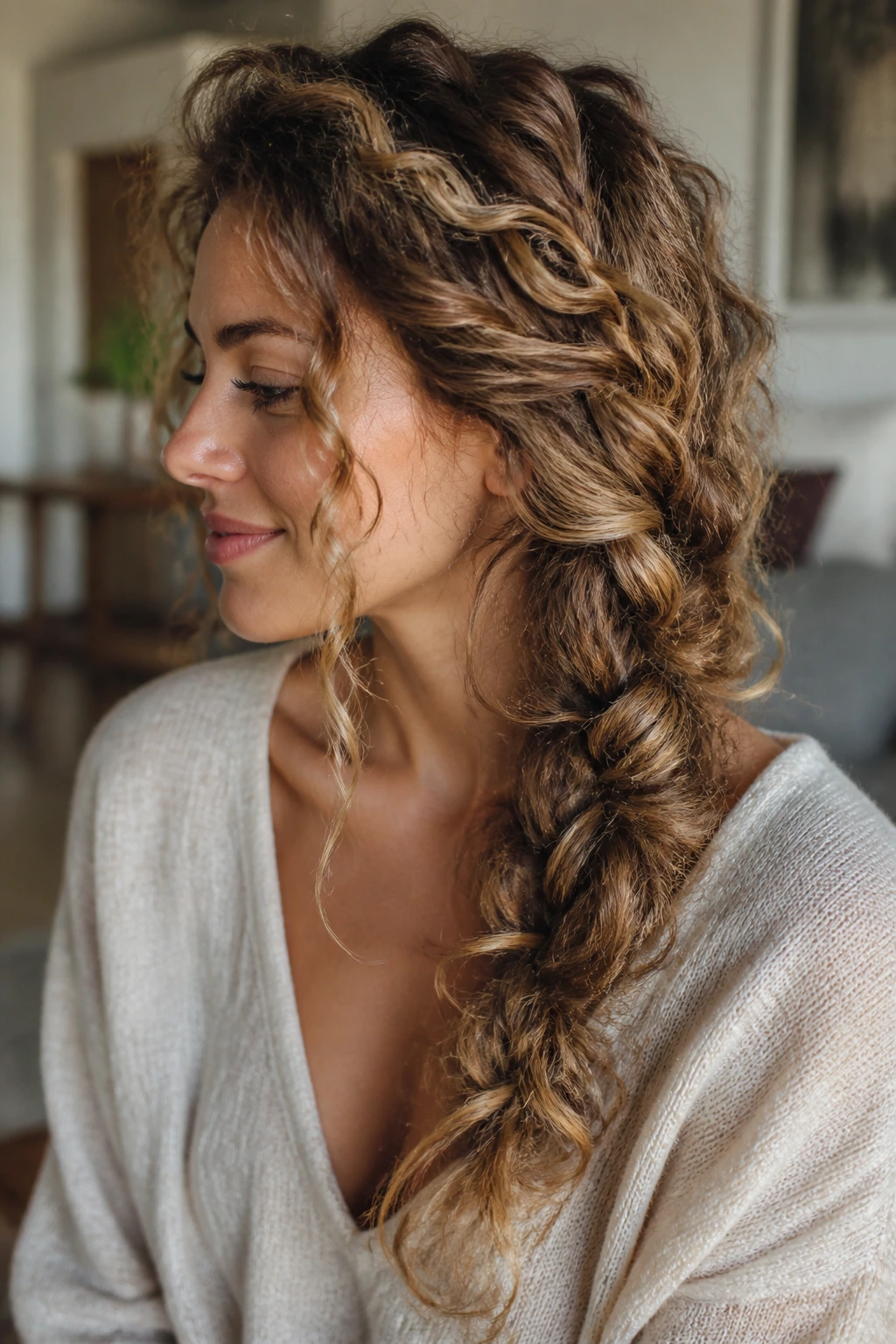 Close-up of a real woman with a loose bohemian side braid