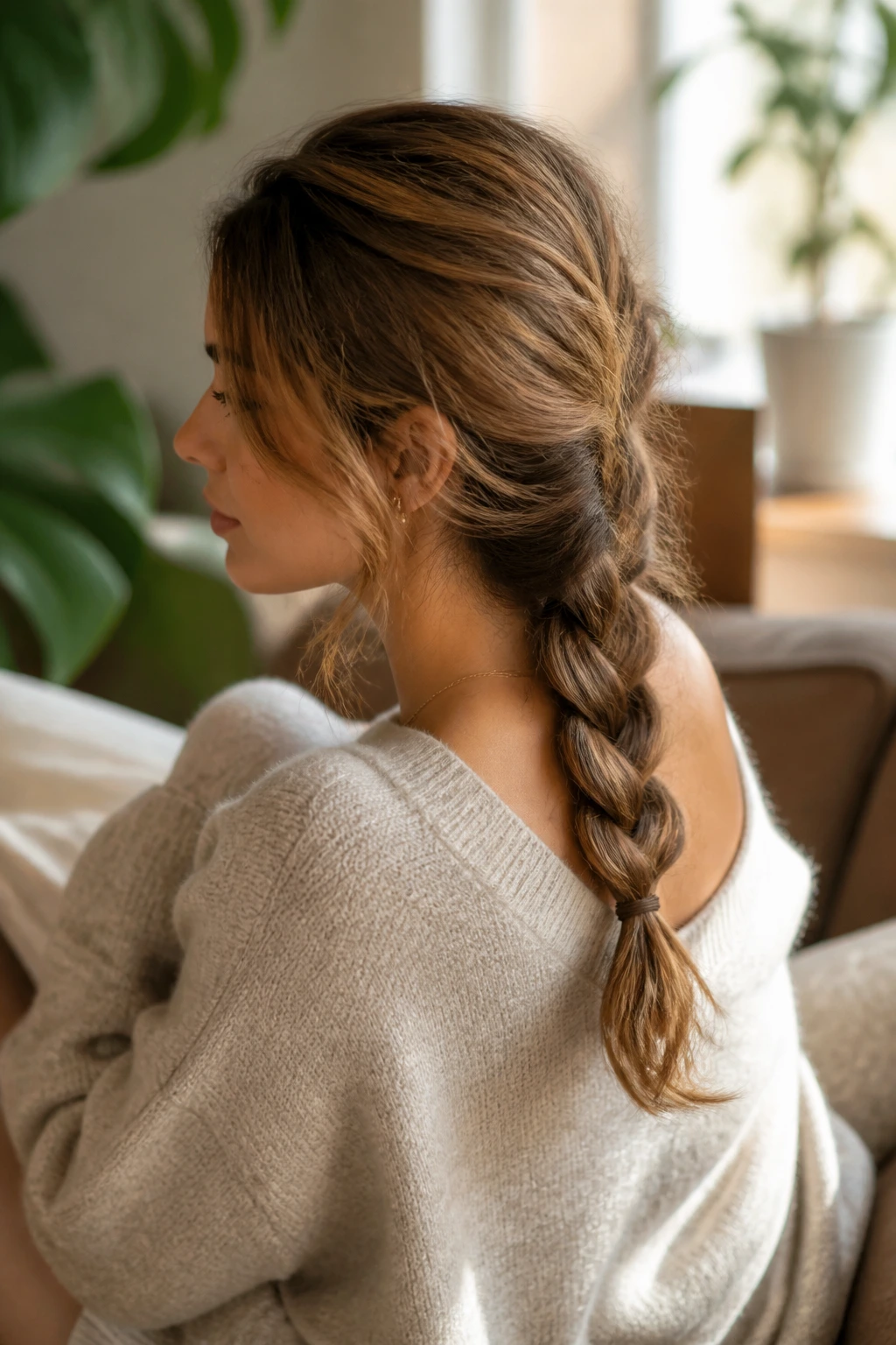 Portrait of a real person with a loose braid at the nape in warm light.