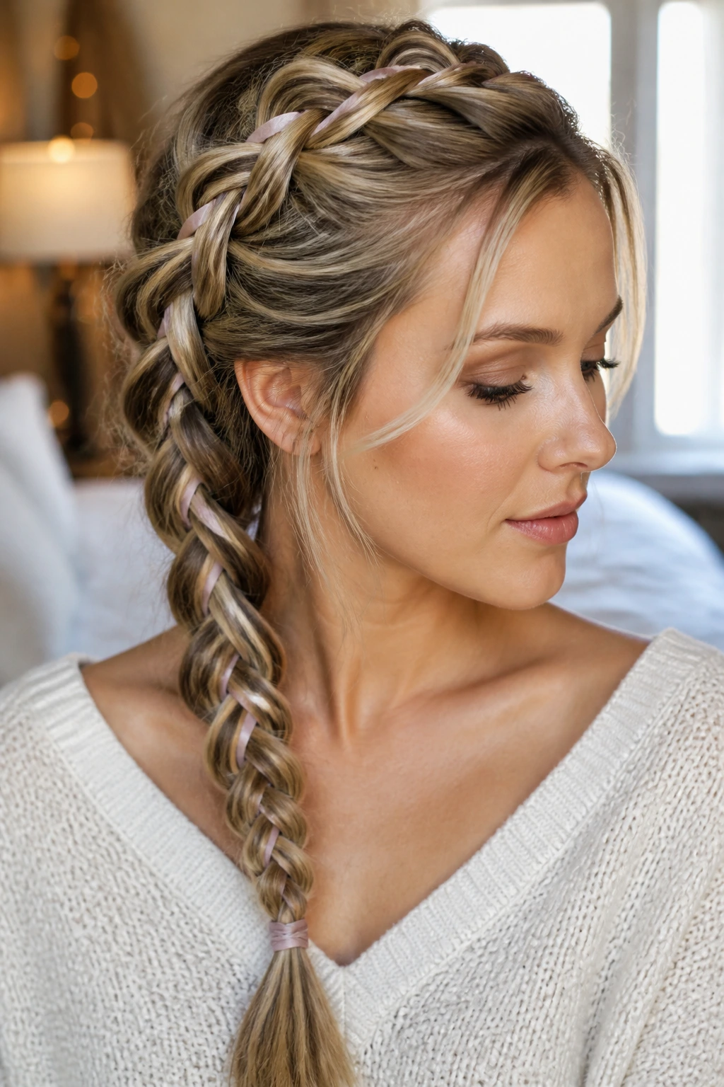 Close-up of a real woman's hair with a ribbon-weave loose French braid