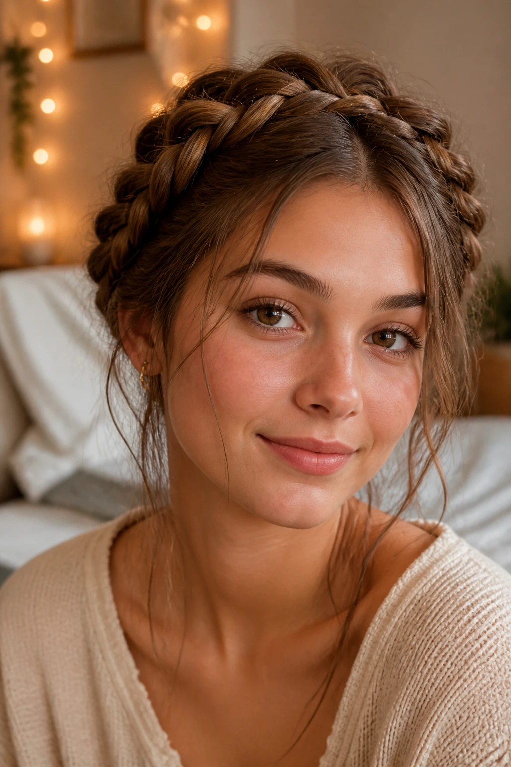 Close-up of a real woman with a loose braided crown in warm indoor light