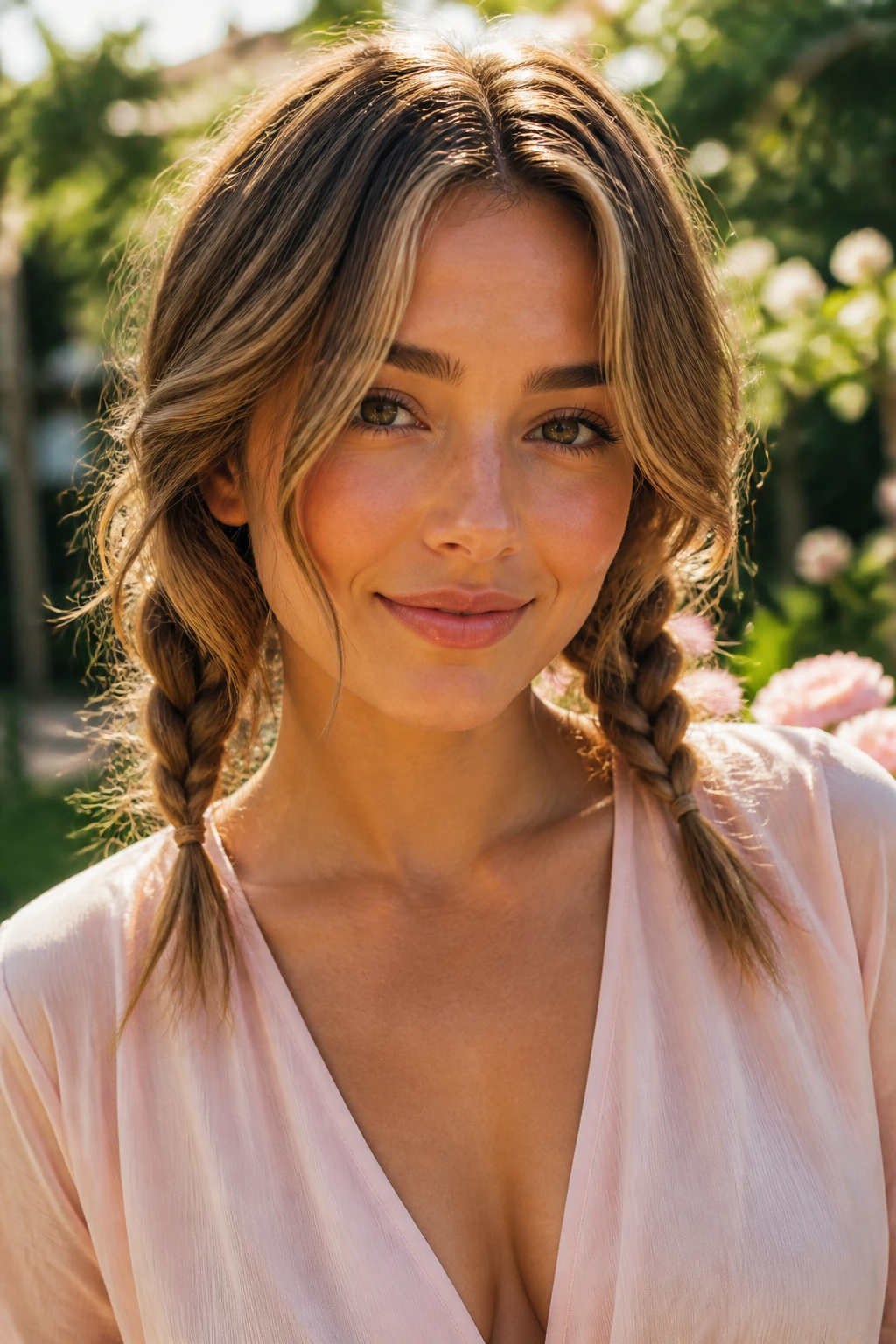 Close-up of a woman with two loose braids starting near the chin