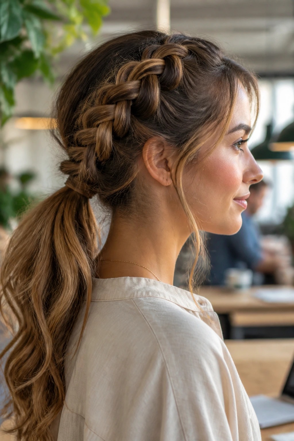 Close-up of a woman with a Dutch braid flowing into a loose ponytail