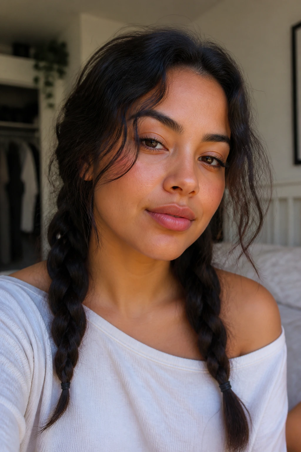 Close-up of real woman with two loose, messy braids framing her face