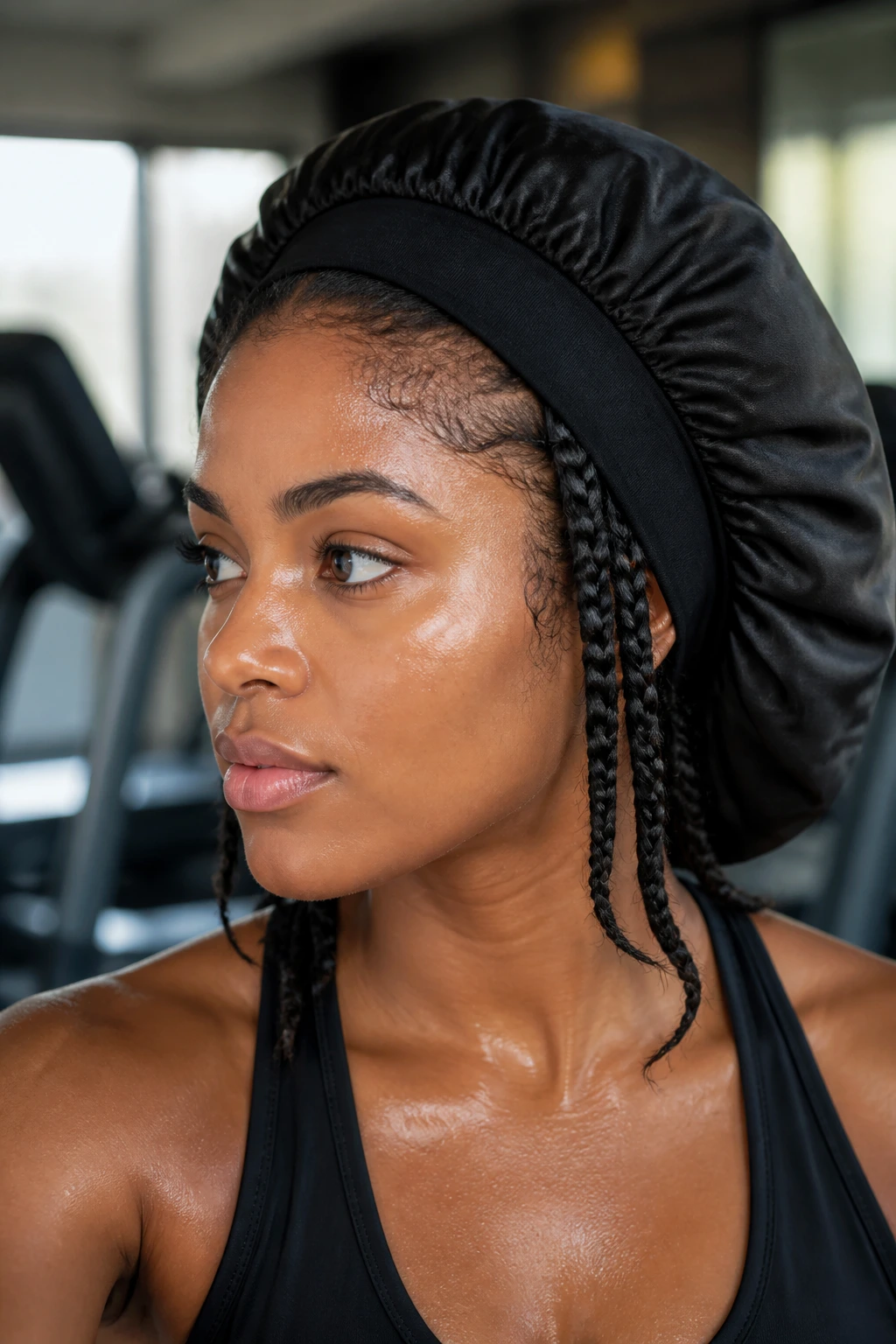 Real woman with loose braids under satin liner in gym setting.