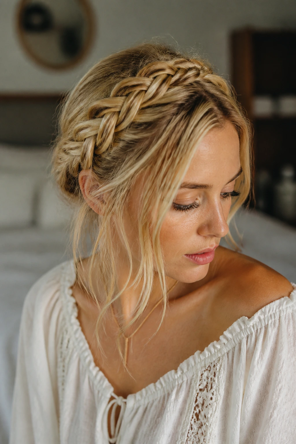 Portrait of a blonde woman with two loose crown braids overlapped at the top