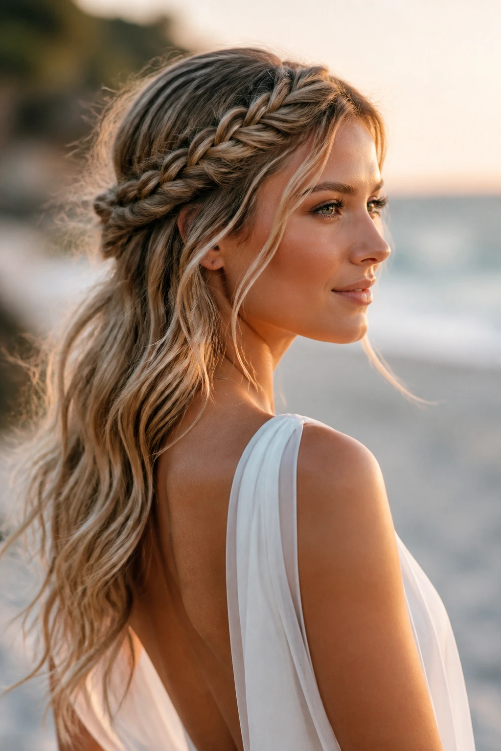 Real bride with loose braided crown and low waves