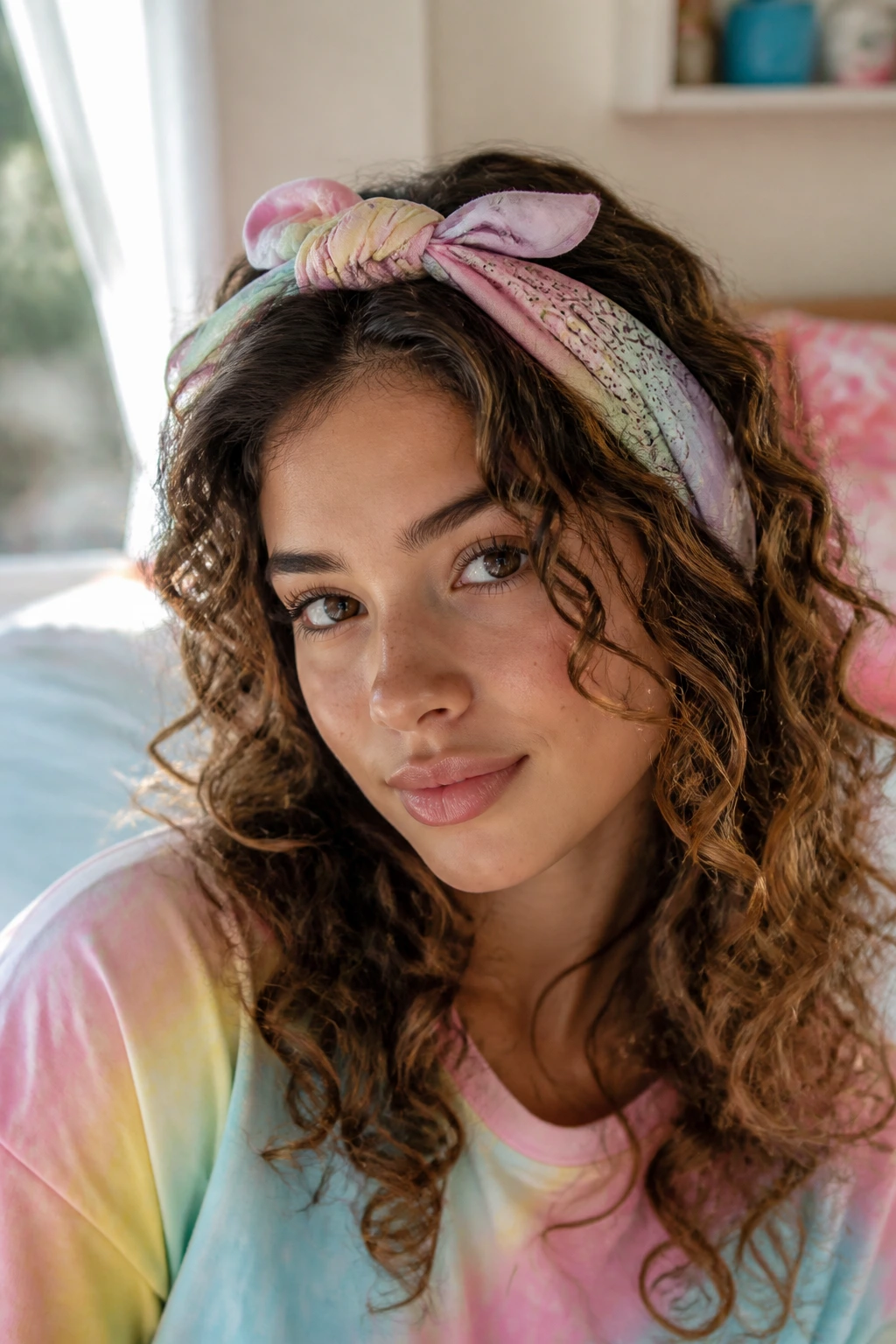 Close-up of real person with loose curls and pastel bandana headband