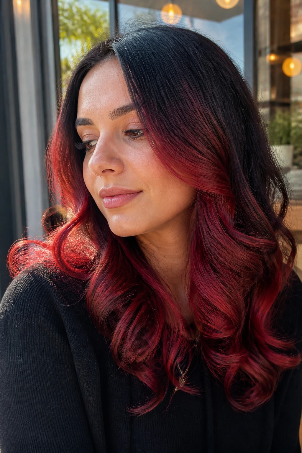 Close-up of a real woman with loose curls showing red and black hair depth.