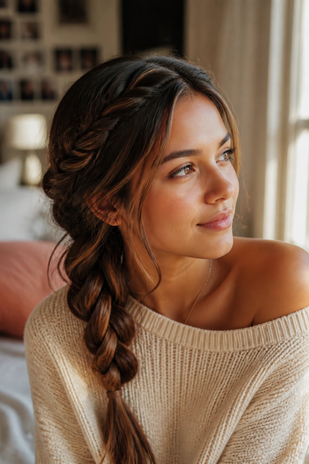 Close-up of a real woman with a loose espresso braid cascading down one side.