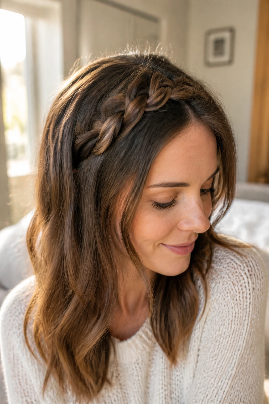 Close-up of a woman wearing a loose French braid headband along the hairline